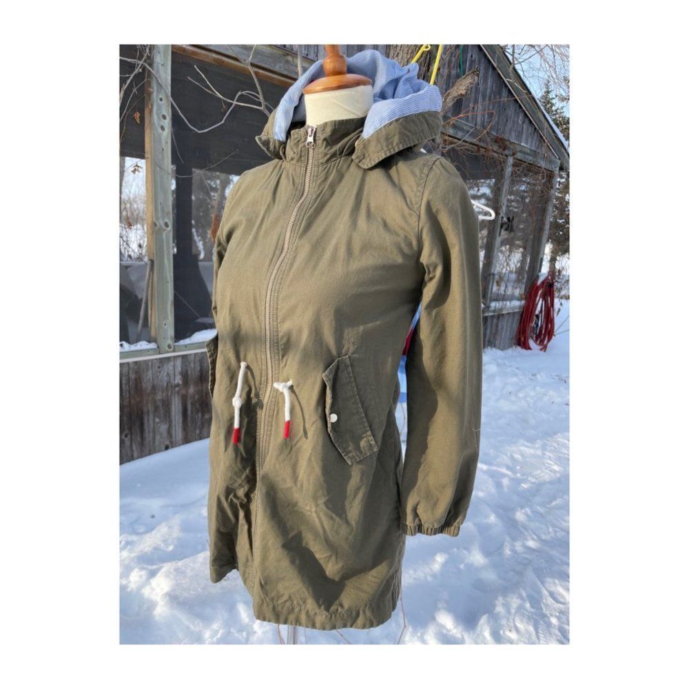 LOGG Olive Green Spring Jacket Prinstripe & Strawberry Lining Sz 9-10 Yrs